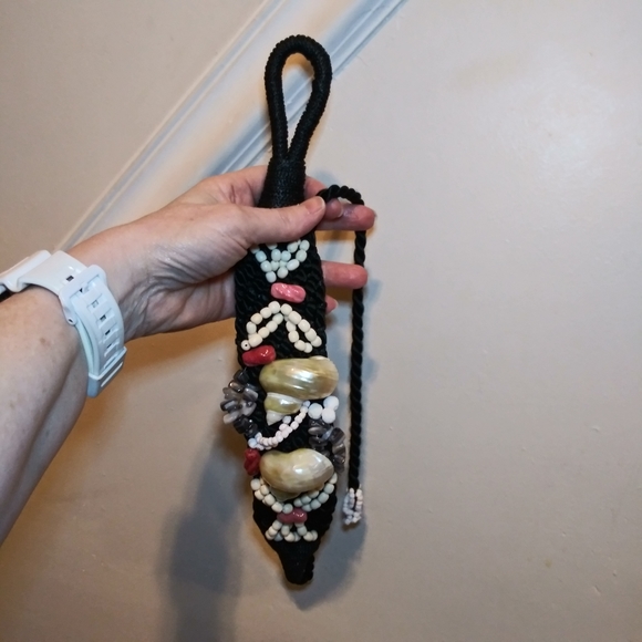 Vintage Black Cord Woven Belt With Shell & Coral Bead Decoration - Picture 9 of 11